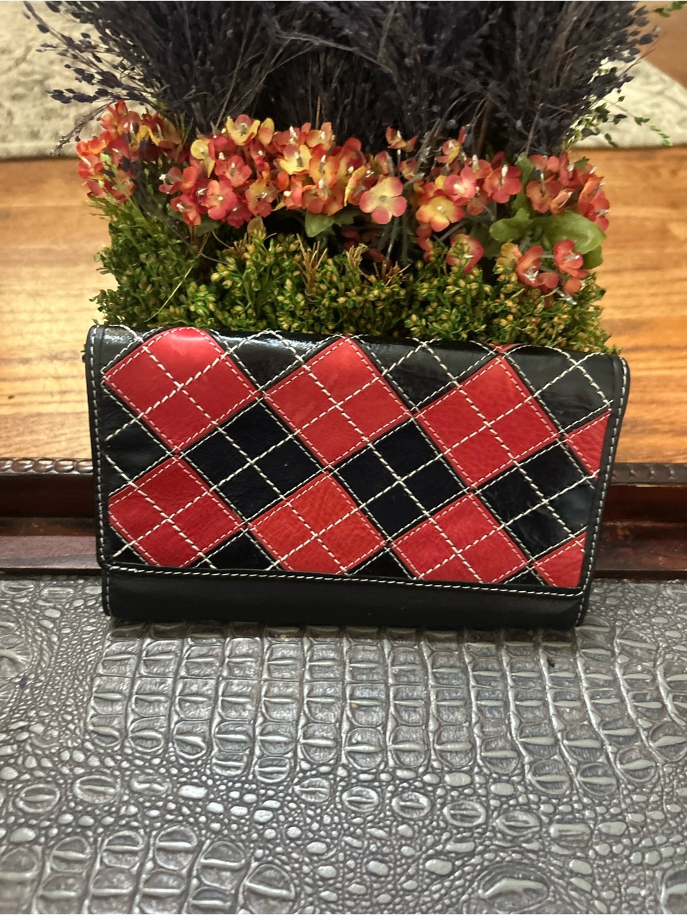 Harlequin Argyle Checkbook Wallet Red Black White Contrast Stitch